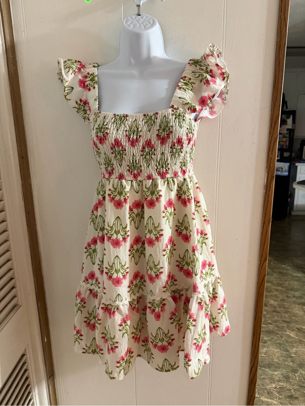 Cream Floral Smocked Sundress with Pink & Green Prints Very Stretchable size L